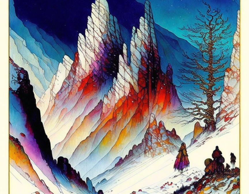 Colorful stylized mountain landscape with crystalline formations, lone tree, and traditional figures