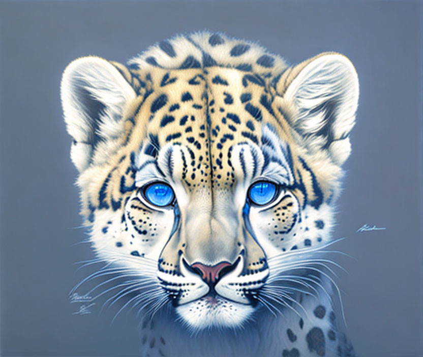 Detailed Leopard Face Illustration with Blue Eyes and Spots on Grey Background