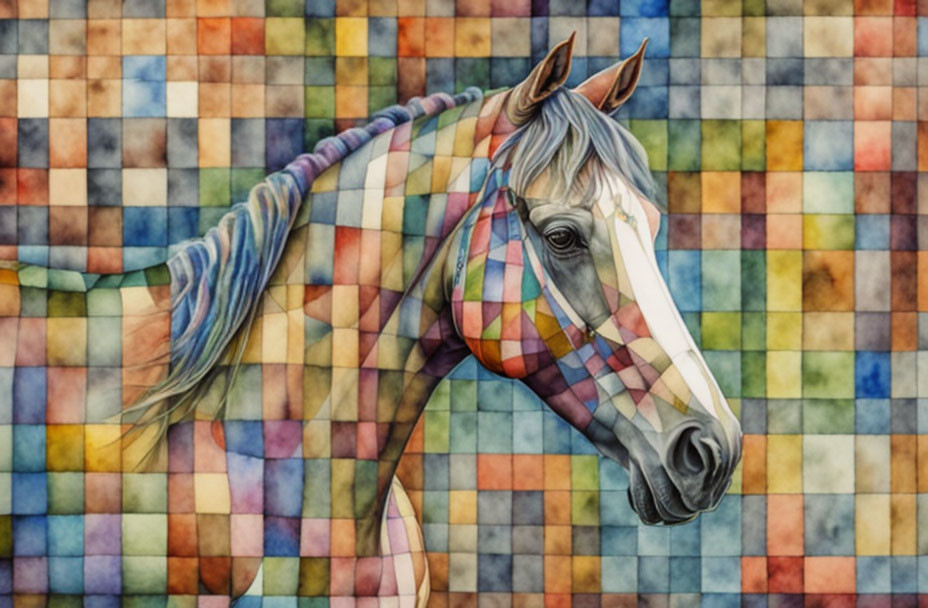 Vibrant horse illustration with braided mane on quilt-patterned backdrop