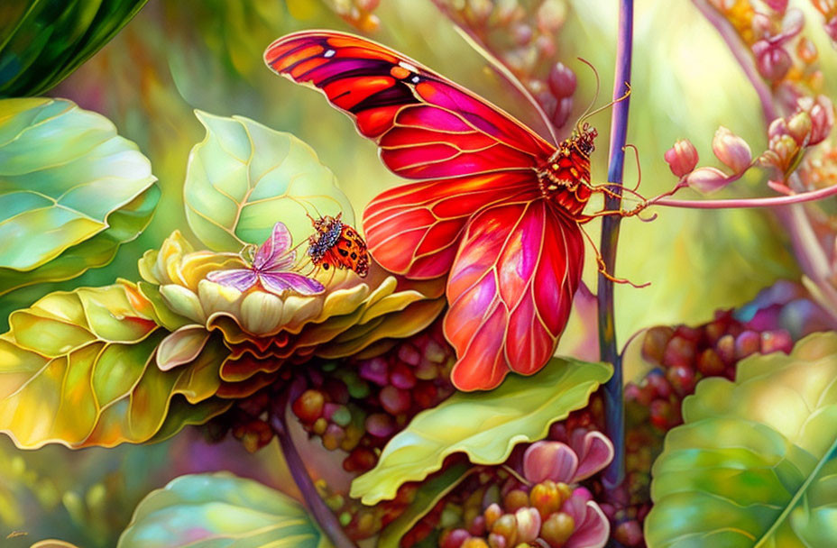 Colorful butterfly illustration on green foliage with purple flowers