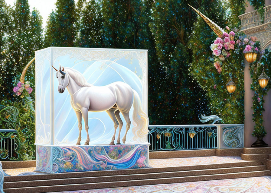 White Unicorn in Translucent Box on Enchanting Garden Terrace