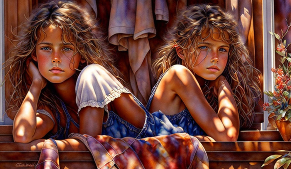 Reflective girls by window: Realistic, emotive painting.