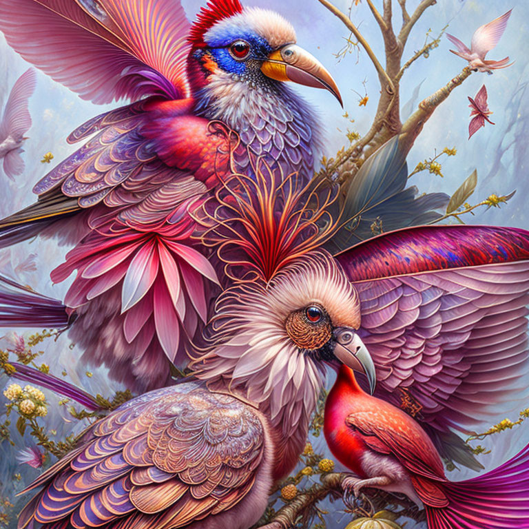 Detailed Illustration of Fantastical Avian Ecosystem