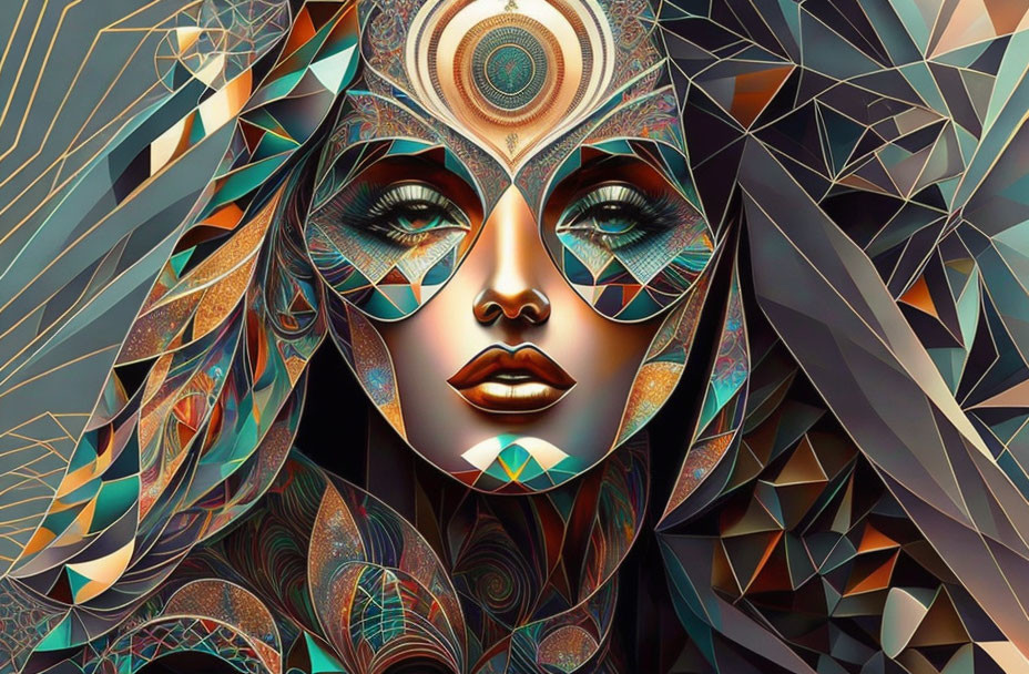 Colorful Geometric Digital Portrait of Woman with Kaleidoscopic Patterns