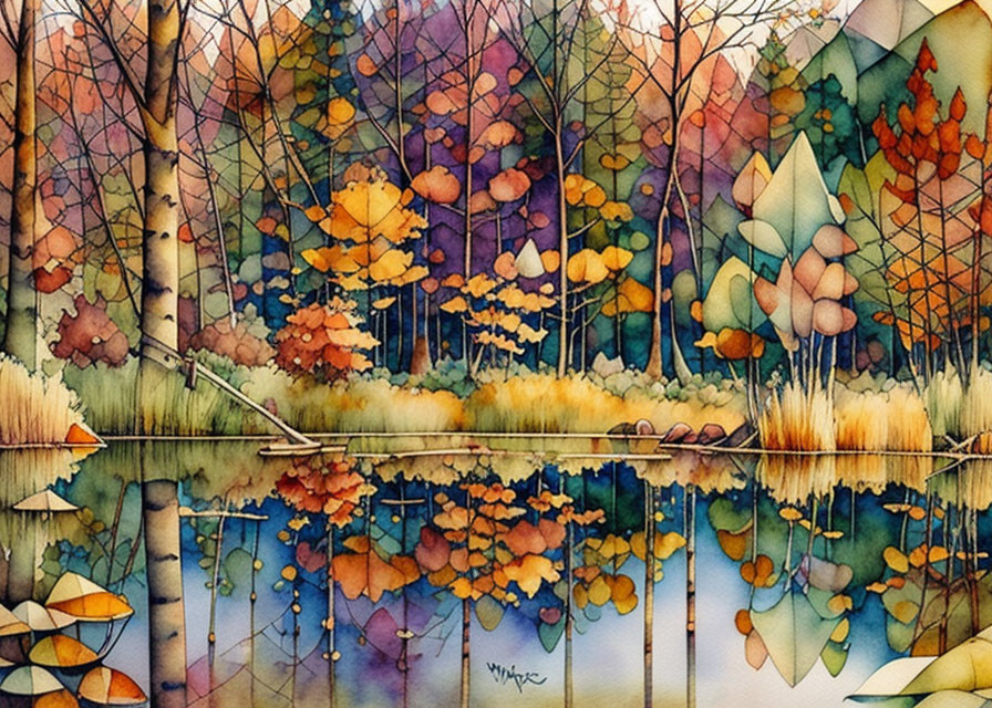 Colorful Watercolor Forest Reflection in Tranquil Lake with Geometric Shapes