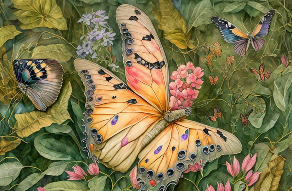 Colorful Butterfly Artwork Among Green Foliage and Florals