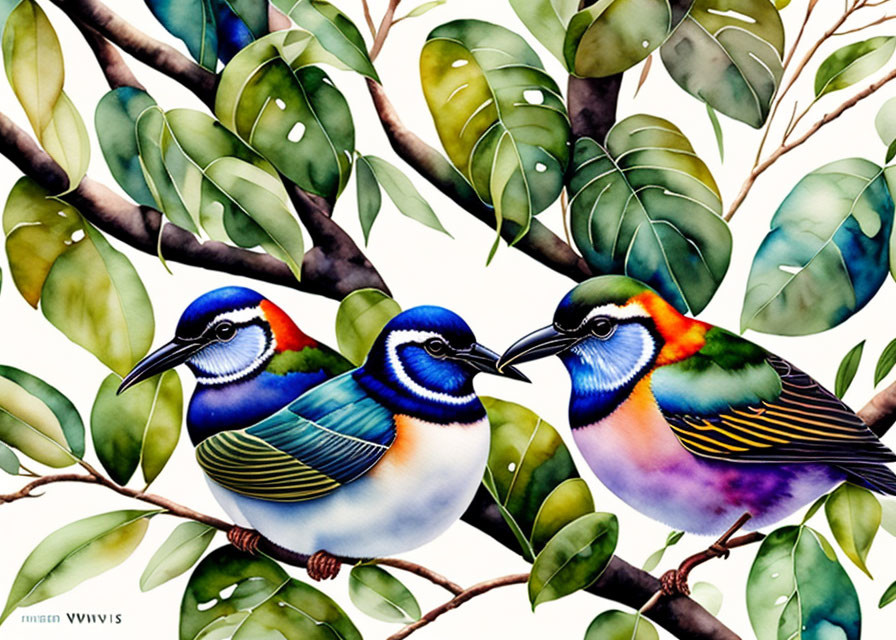 Colorful Birds Perched on Branch with Green Leaves