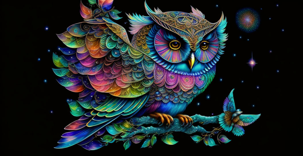 Colorful Owl Illustration on Branch with Night Sky Background