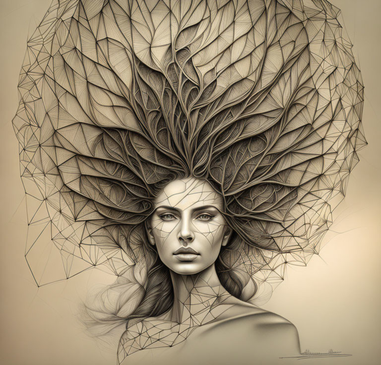 Detailed monochromatic illustration of woman with leaf patterns and geometric hair.