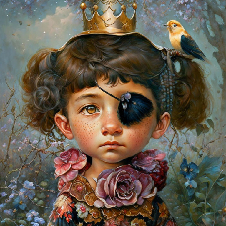 Young girl with black eye patch, gold crown, flowers, bird, and floral backdrop.