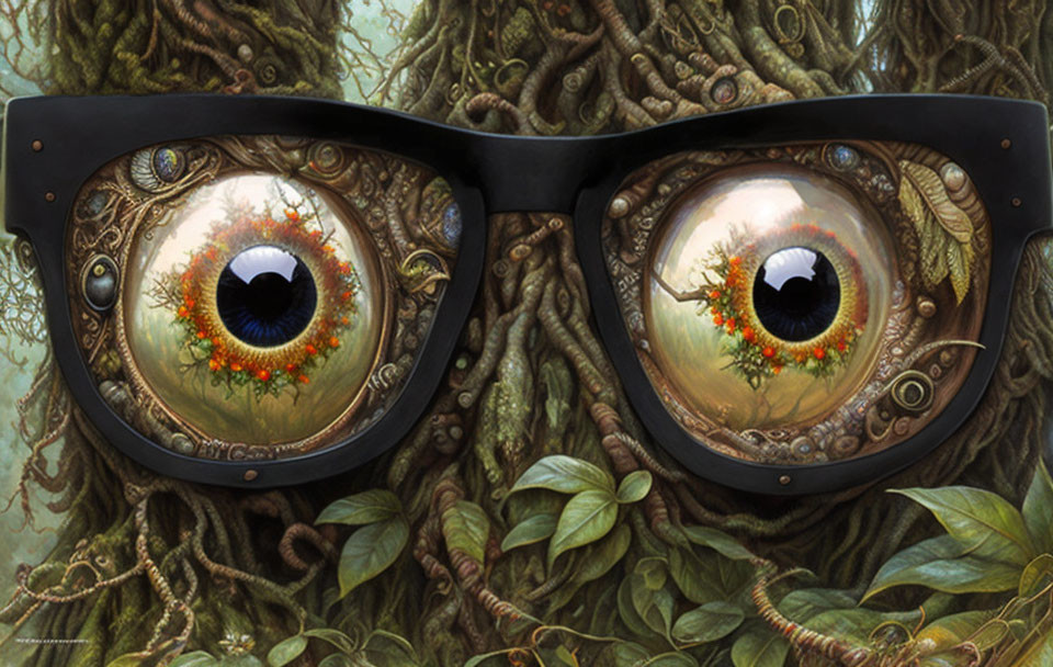 Surreal illustration: Black glasses with floral irises, tree roots backdrop