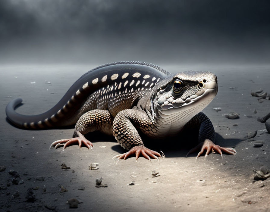 Detailed close-up of lizard scales on textured ground against dark backdrop