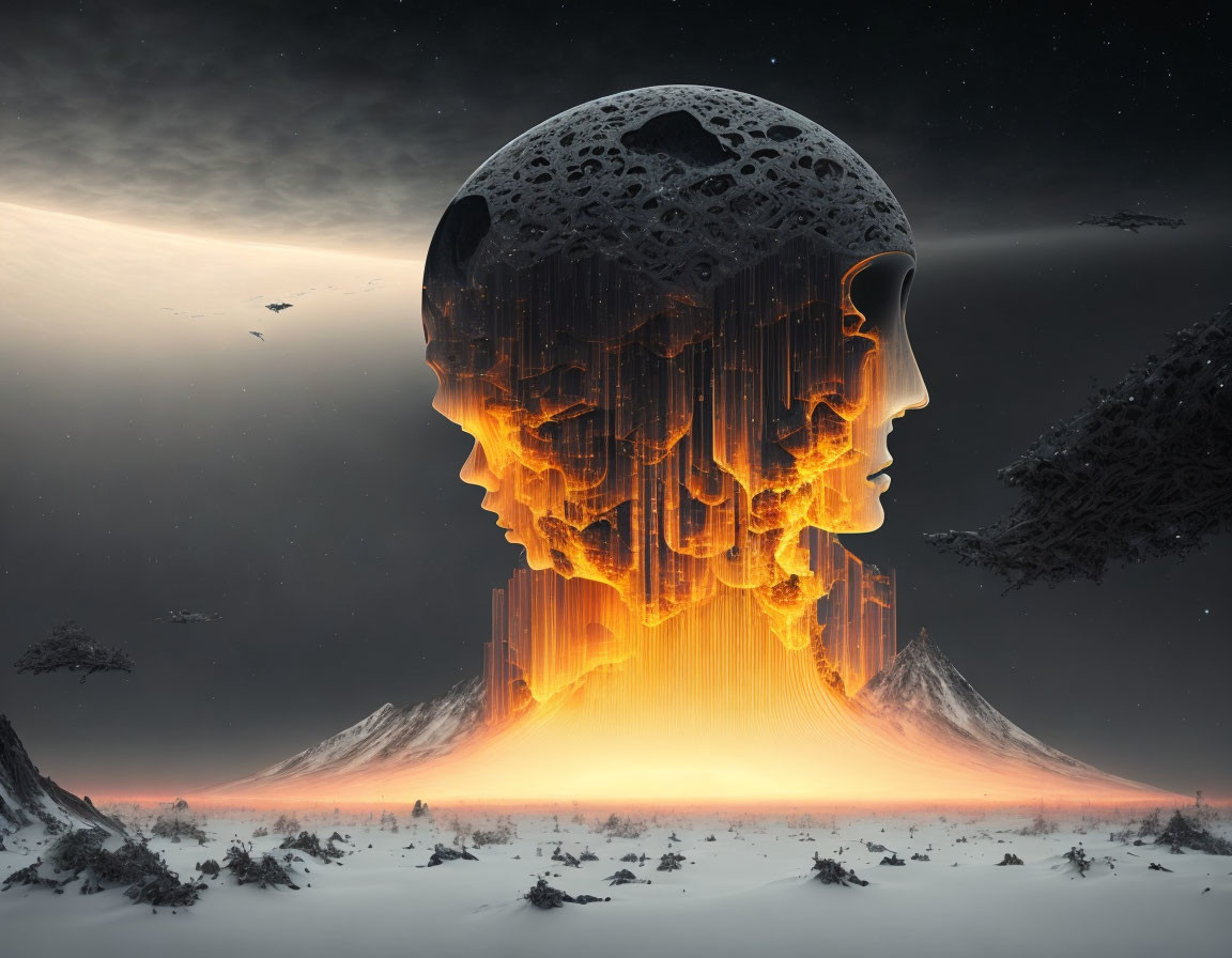 Surreal volcanic landscape with human profile under night sky