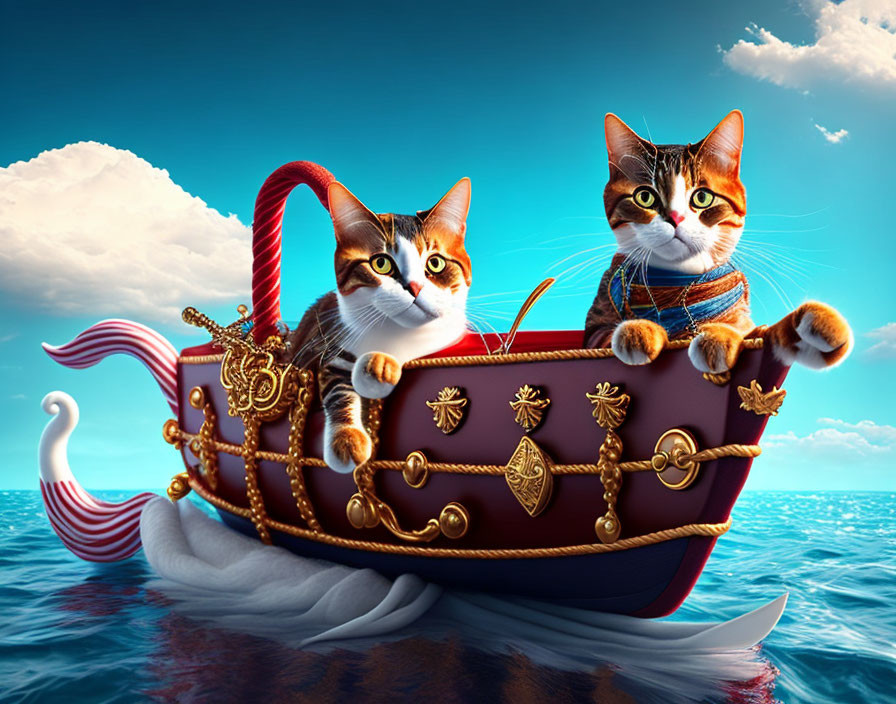 Animated cats on fantasy swan boat sailing in blue ocean