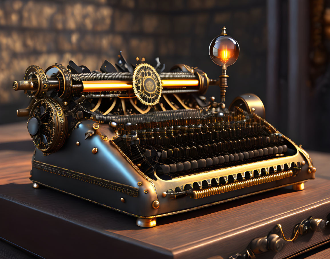Steampunk-inspired typewriter with metallic gears and amber glass sphere on wooden desk