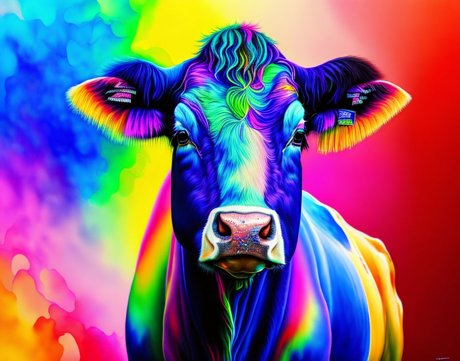 Colorful Cow Portrait Against Psychedelic Rainbow Background