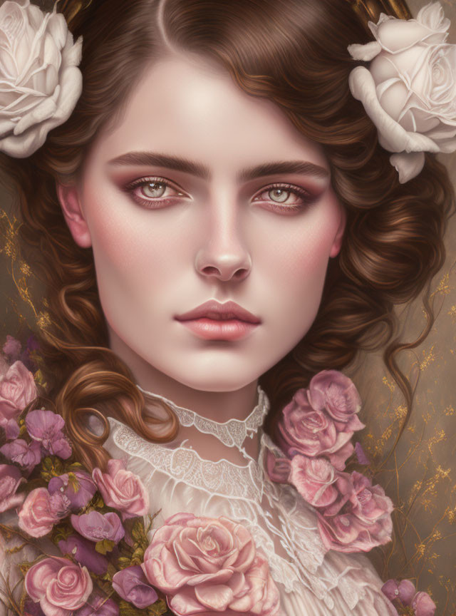 Portrait of woman with curly brown hair and white roses, in lace-collar dress with pink roses, ex