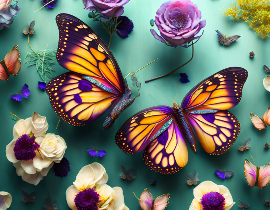 Colorful monarch butterflies and roses on teal background