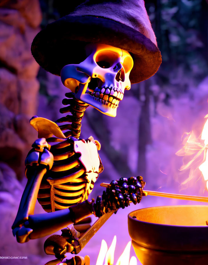 Skeleton with grimacing expression by cauldron and fire with spooky glow