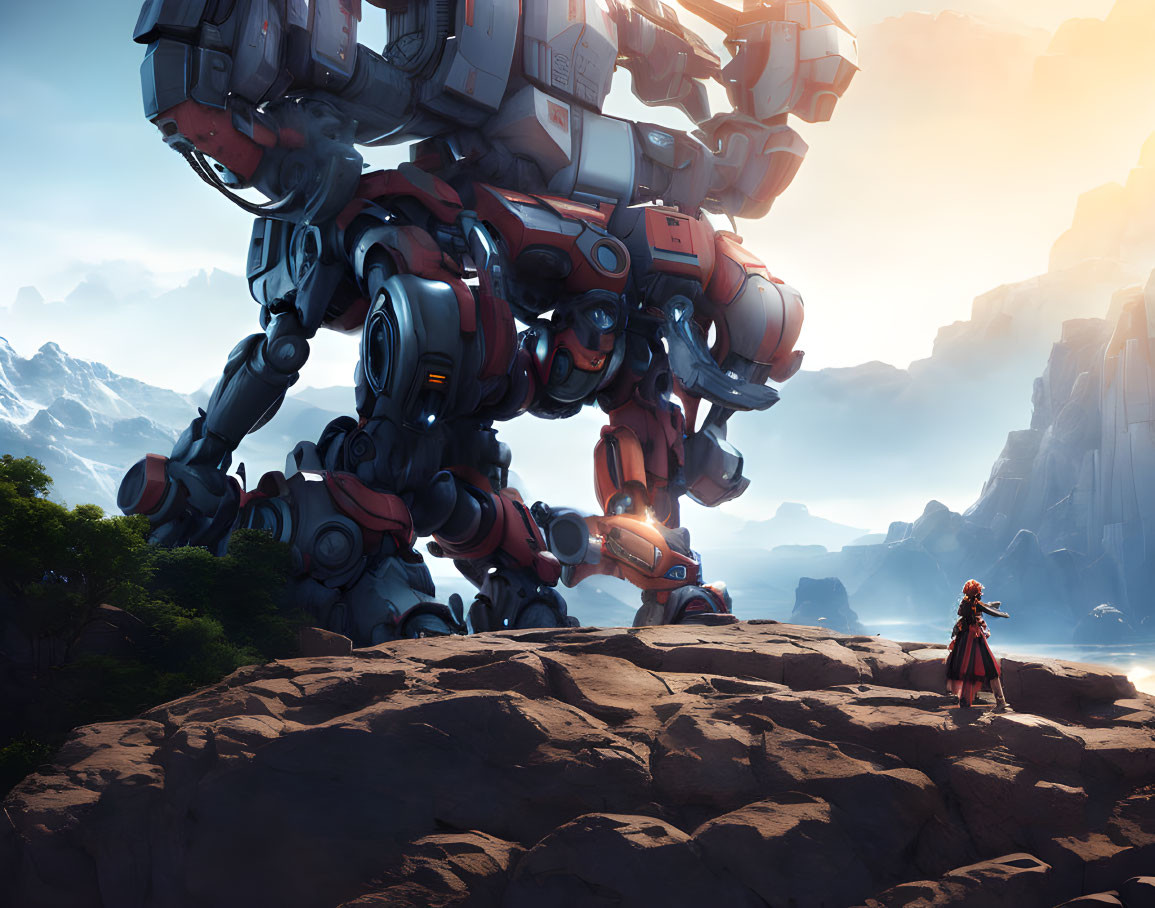 Person in red faces giant red and gray robot mech in vast cliff landscape