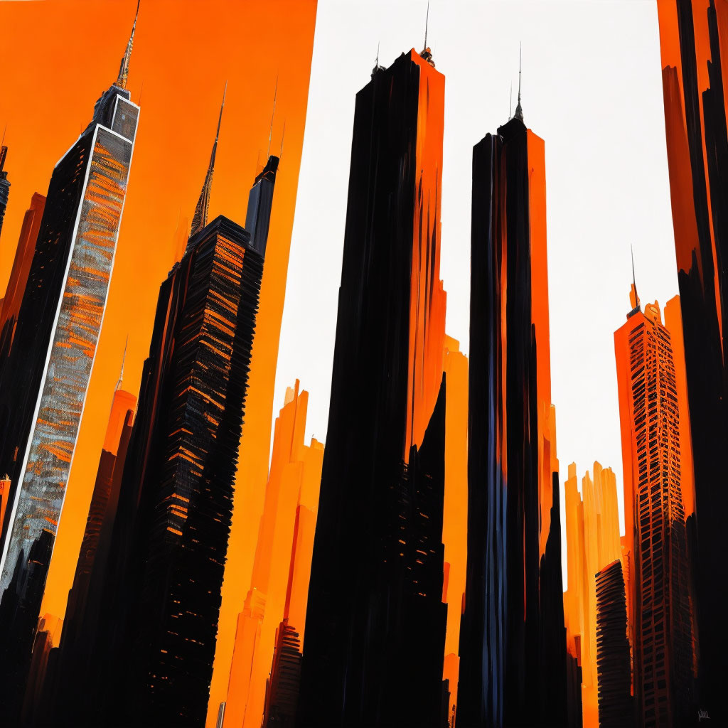 Modern cityscape painting with black skyscrapers on fiery orange background