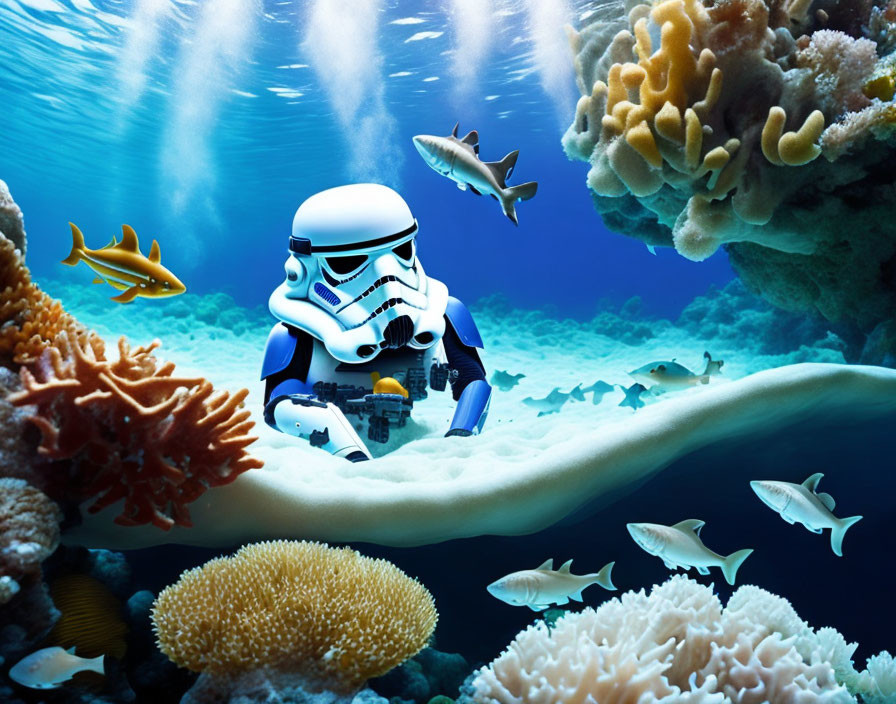 Stormtrooper Figure Underwater with Coral, Fish, and Shark