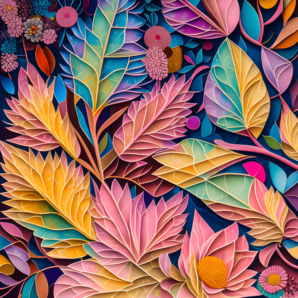 Colorful layered paper art with intricate floral and leaf patterns in pinks, purples, blues