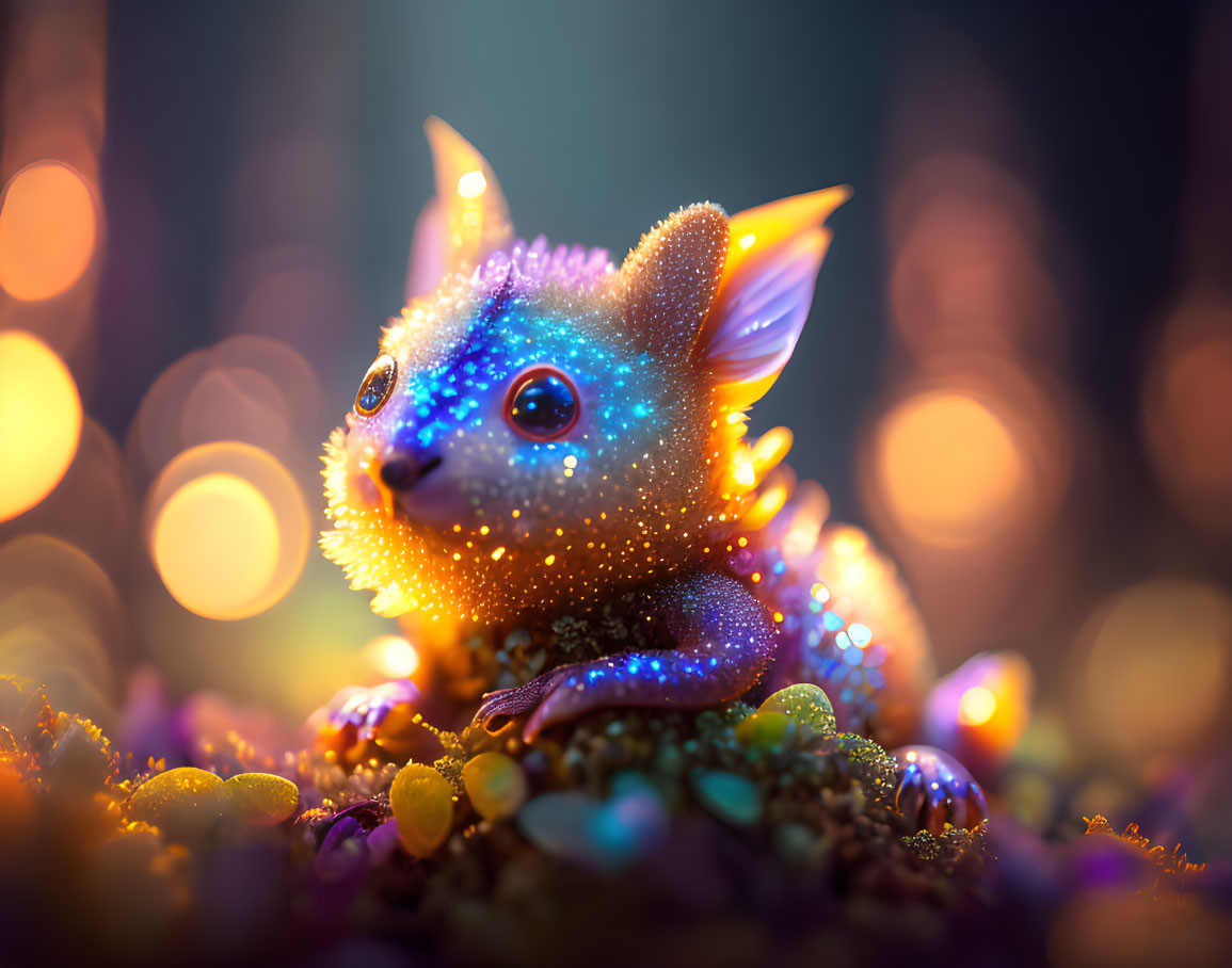 Colorful Lights Surround Sparkly Creature with Large Eyes