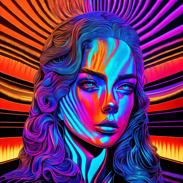 Colorful digital artwork: Woman's face in neon colors and psychedelic patterns