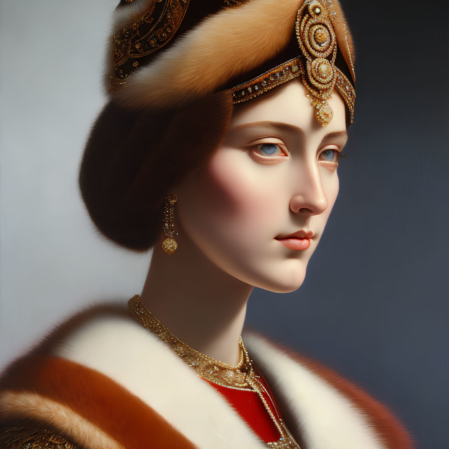 Regal woman portrait with jeweled headdress and fur-trimmed garment