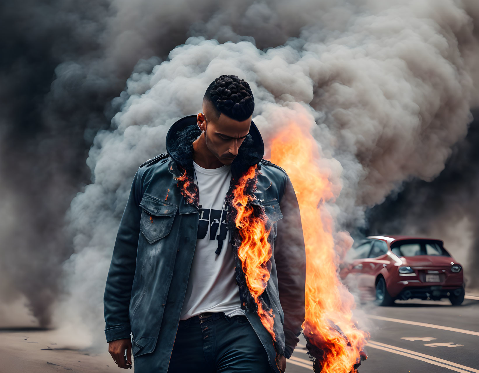 Man walking confidently with flames engulfing arm in smoky street.