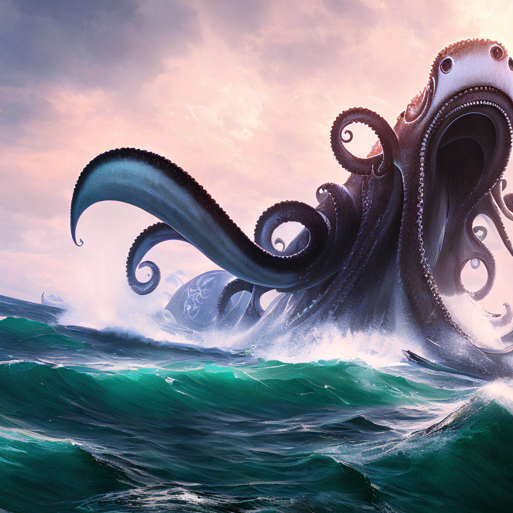 Gigantic octopus in stormy sea with towering tentacles