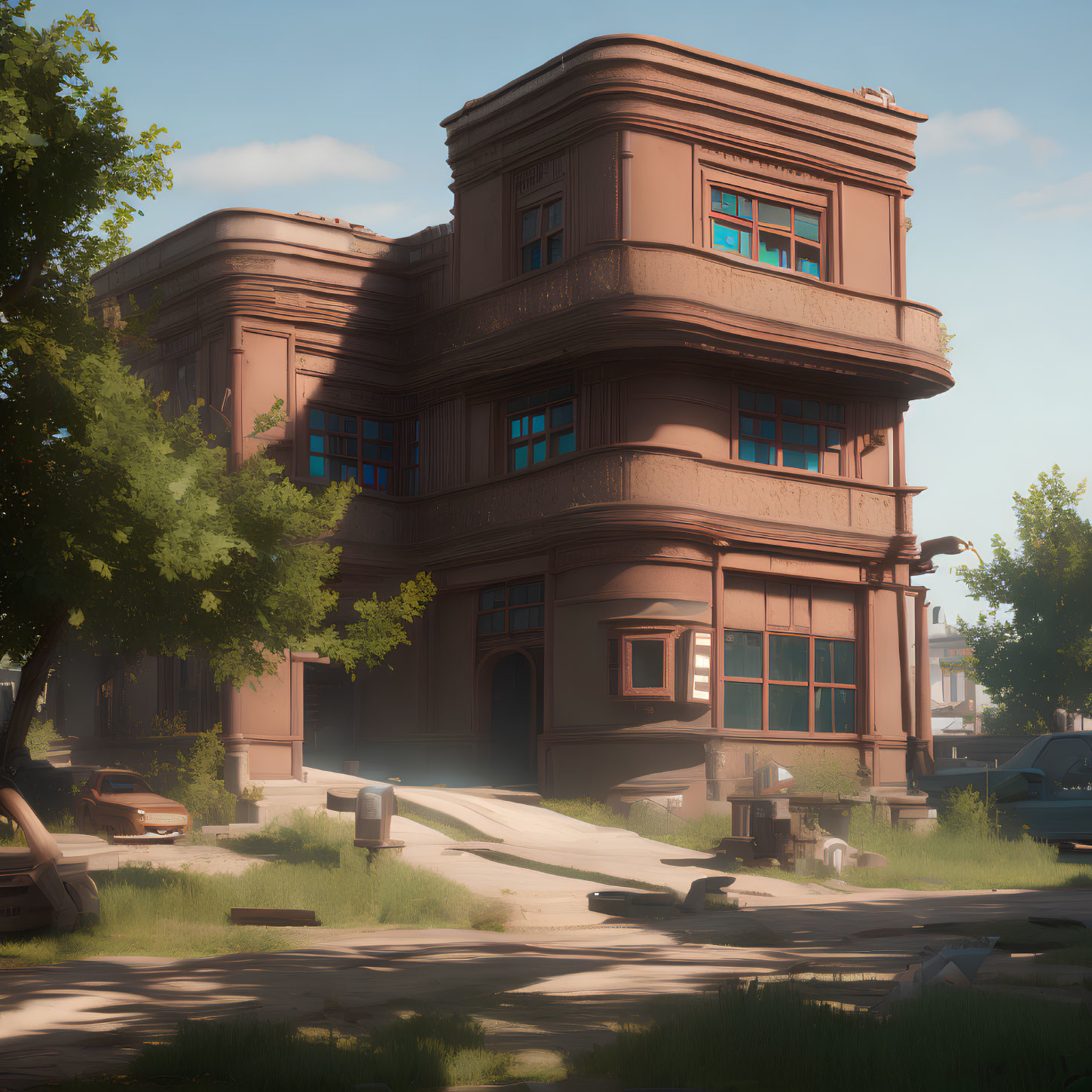 Three-story brown building with blue window frames, surrounded by overgrown foliage and abandoned cars