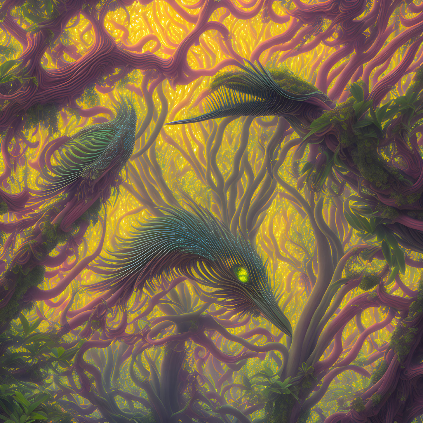 Colorful Forest Scene: Mystical Feathered Creatures and Vibrant Flora