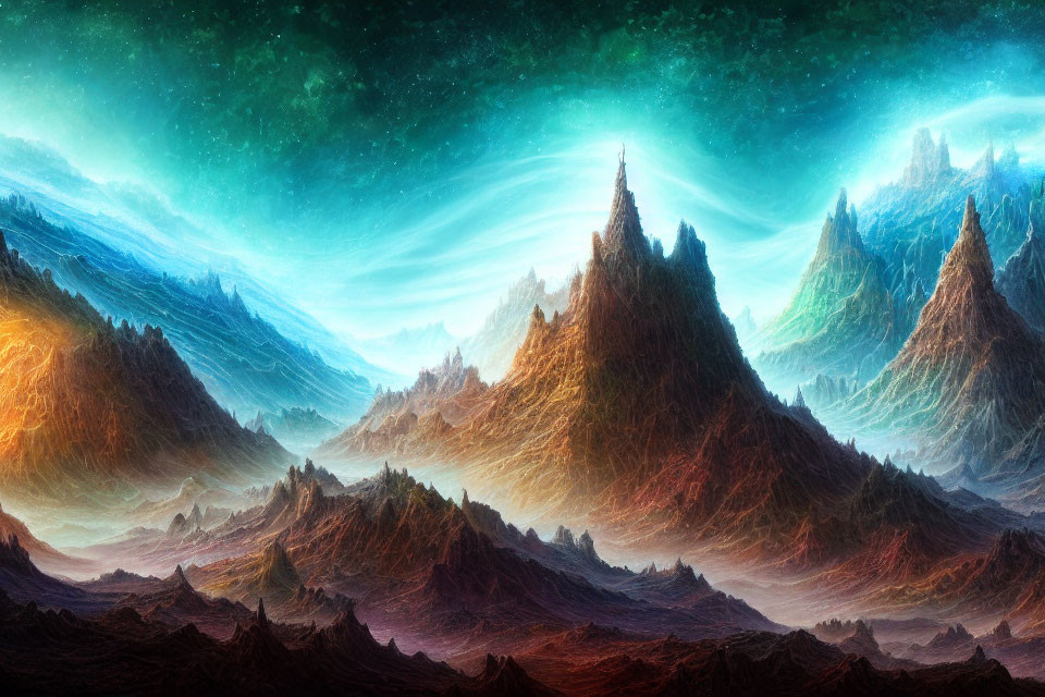 Vibrant digital artwork: Fantastical mountain landscape under green and blue cosmic sky