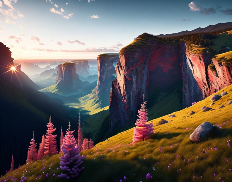 Majestic cliff with purple trees and valley at sunset