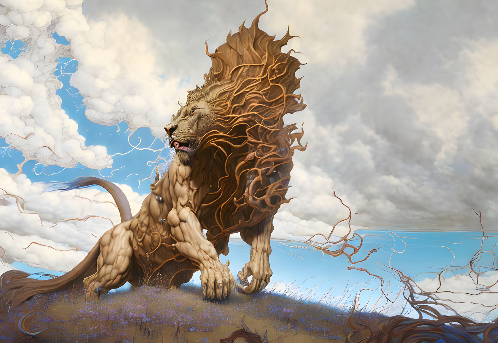 Roaring lion with flame-like mane in surreal landscape