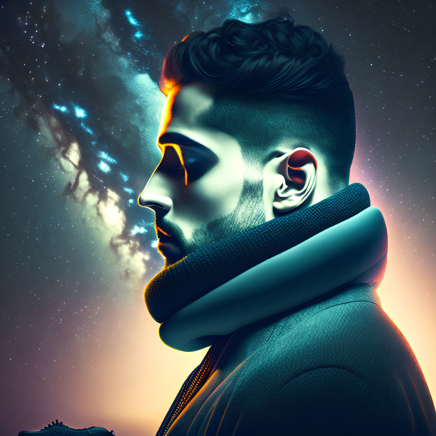 Vibrant neon colors illuminate profile of man against starry night sky