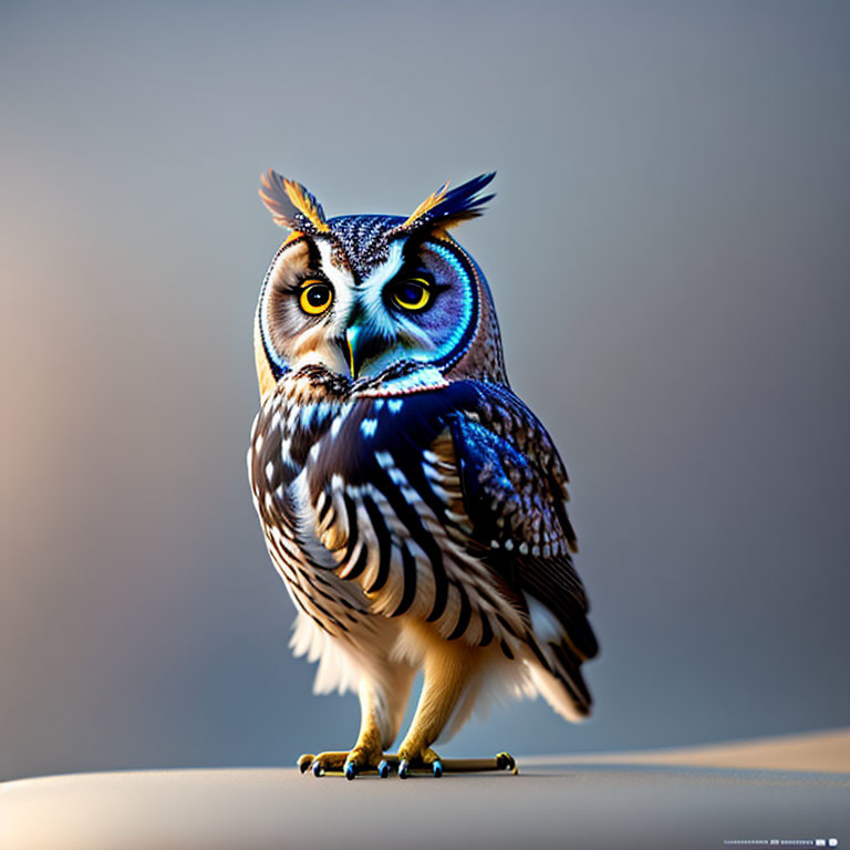 Colorful Owl Illustration on Skateboard with Blue Feathers