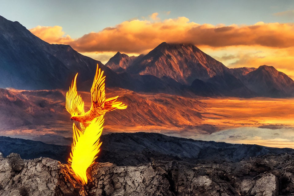 Majestic Phoenix Flying Over Glowing Mountains at Sunrise