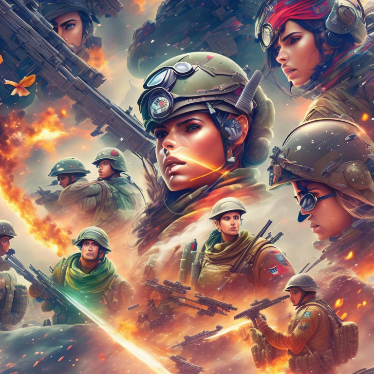 Illustrated female soldiers in combat gear amidst warfare and a serene butterfly