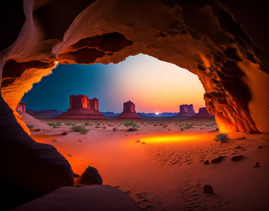 Desert Cave Entrance Sunset View with Silhouettes