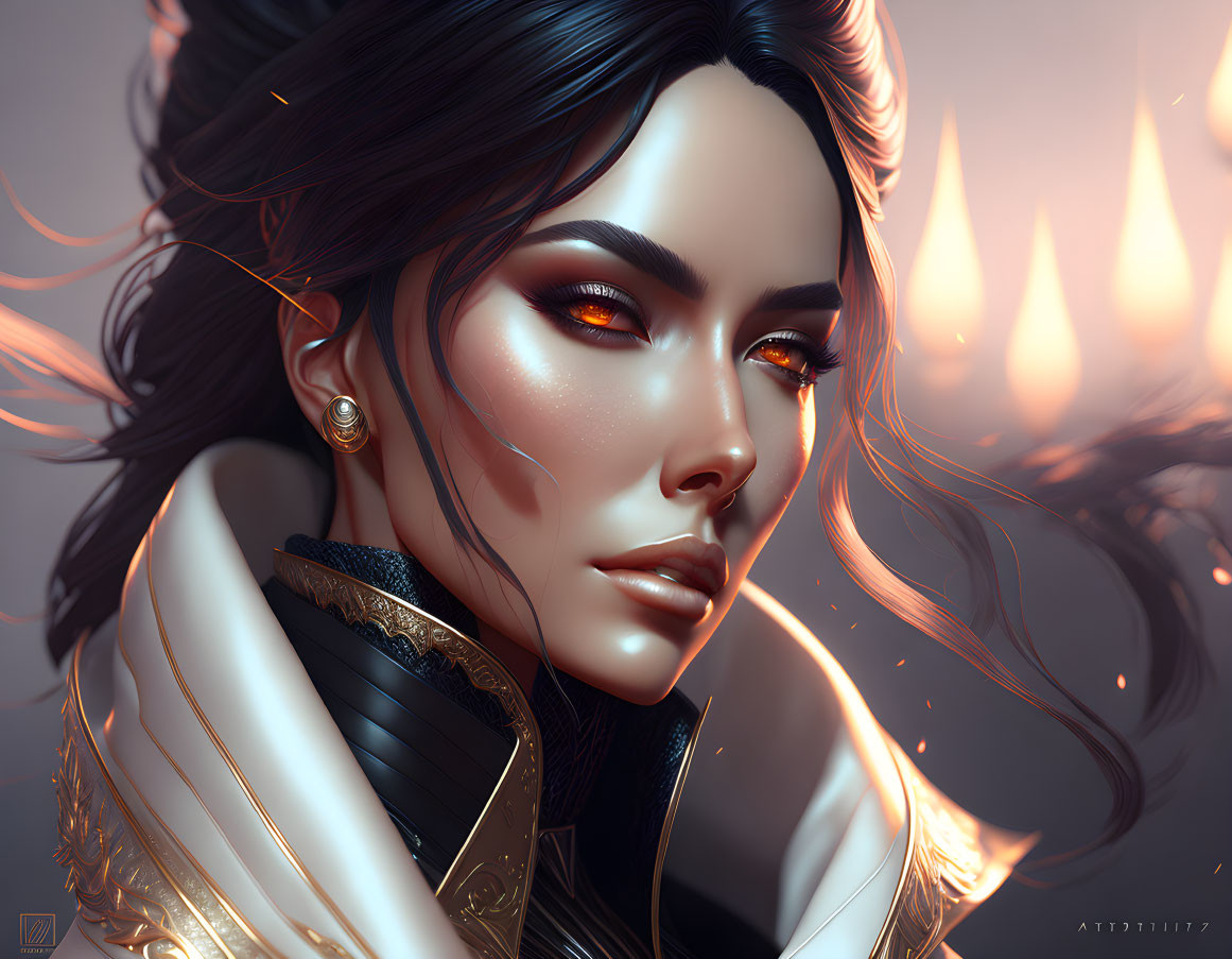 Woman with glowing amber eyes and golden earpiece in fiery backdrop