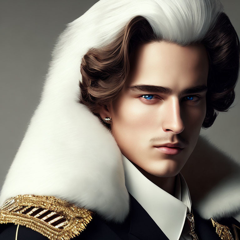 Man with sharp blue eyes in white fur collar & dark military outfit with gold epaulettes