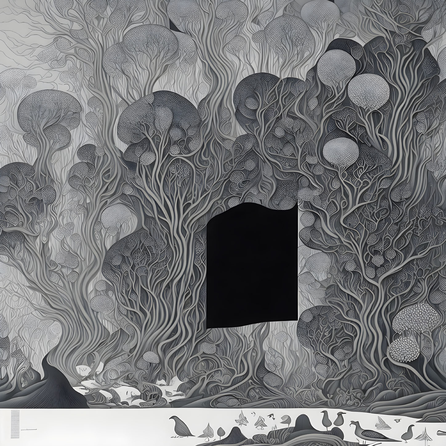 Detailed black and white forest drawing with stylized trees, archway, and creatures