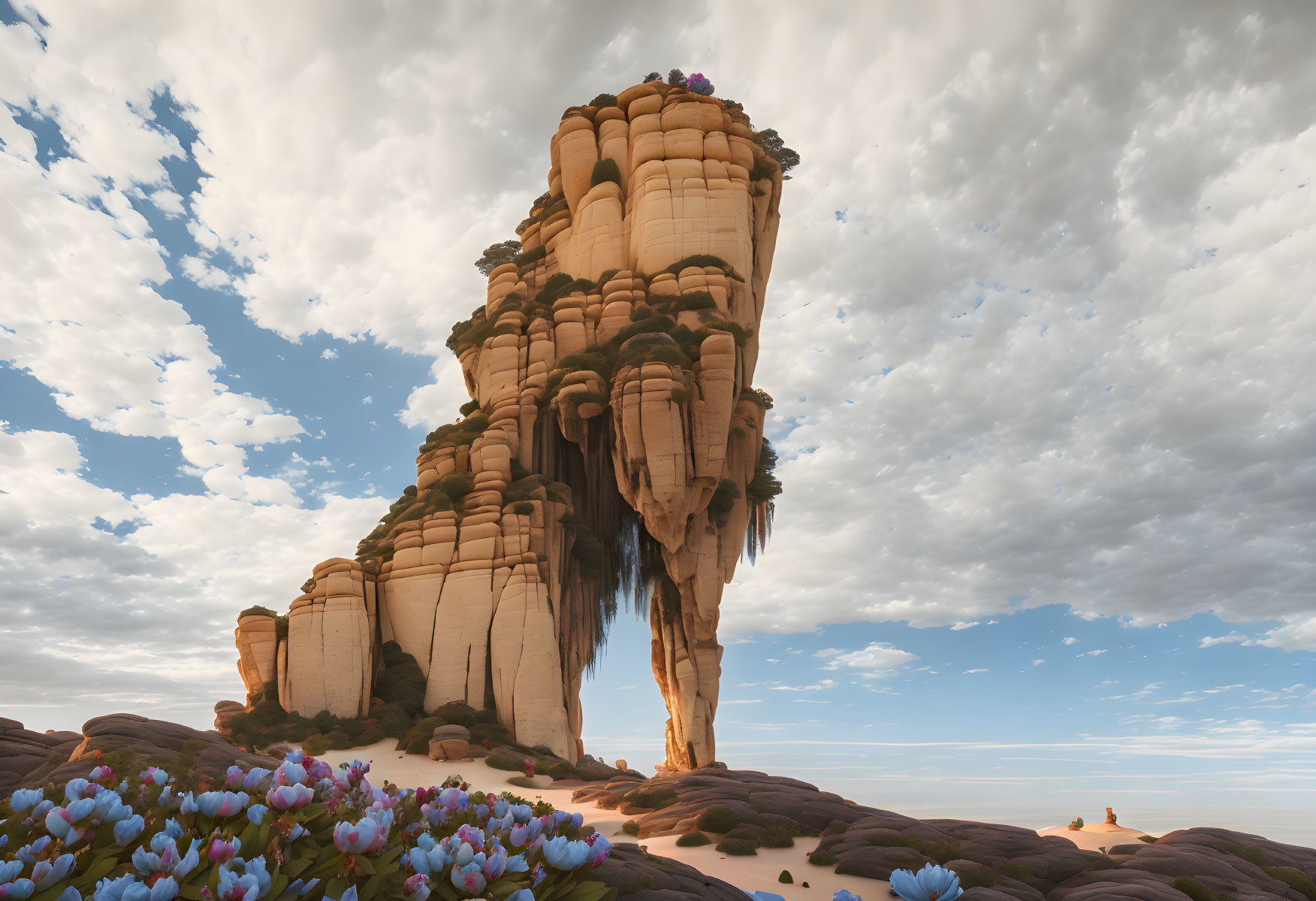 Vibrant surreal landscape with towering rock formations and foliage under a blue sky.