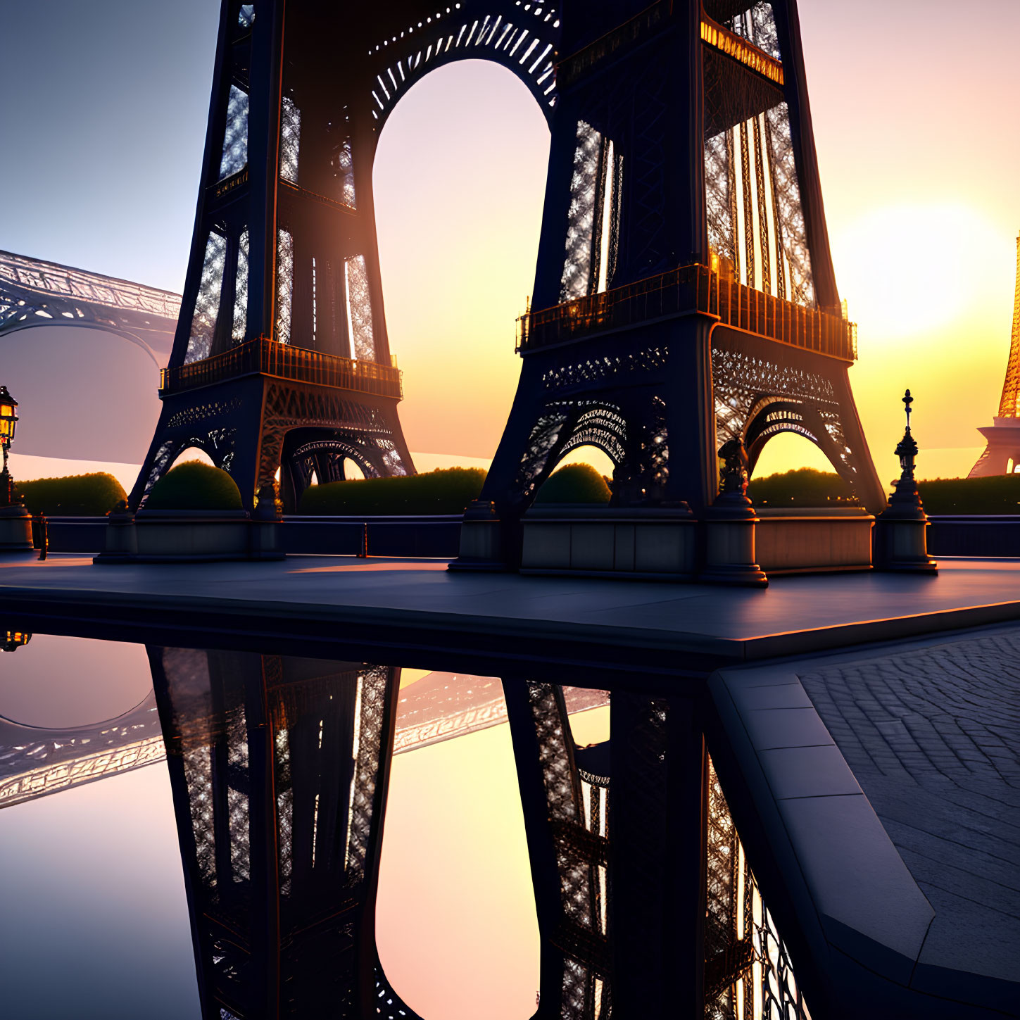 Detailed silhouette of Eiffel Tower at sunset with water reflections.