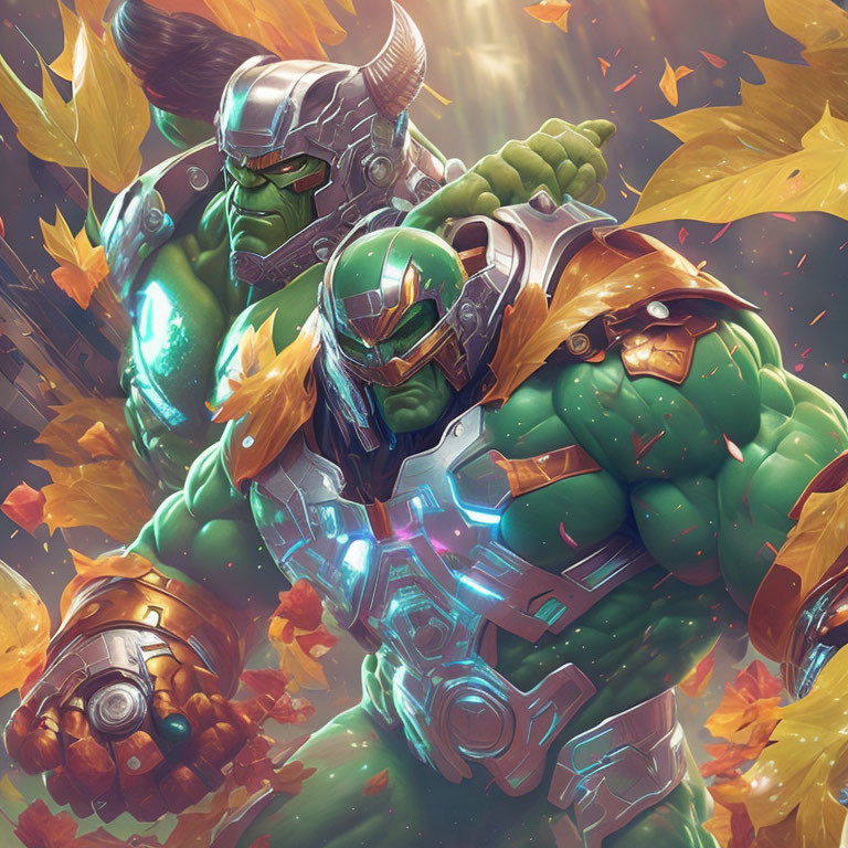 Muscular mechanized characters in green armor amid autumn leaves