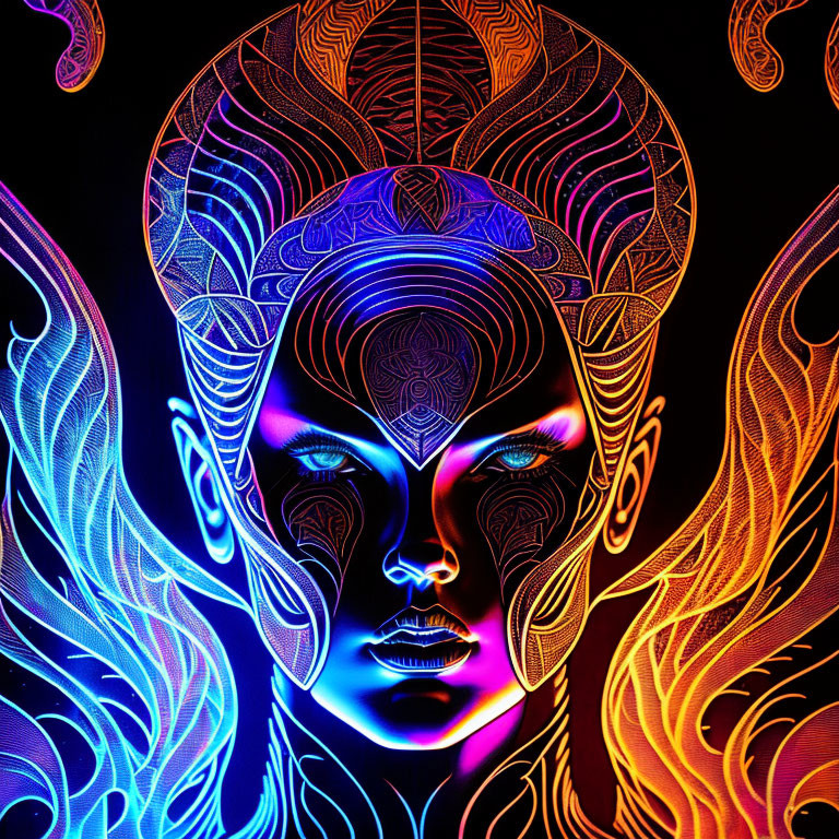 Symmetrical neon patterned figure portrait with headdress