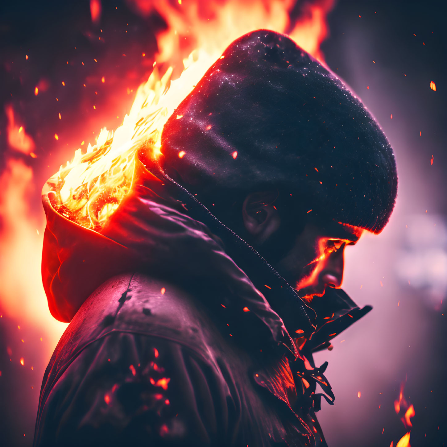 Person in Winter Hat and Jacket Amid Fiery Sparks Background